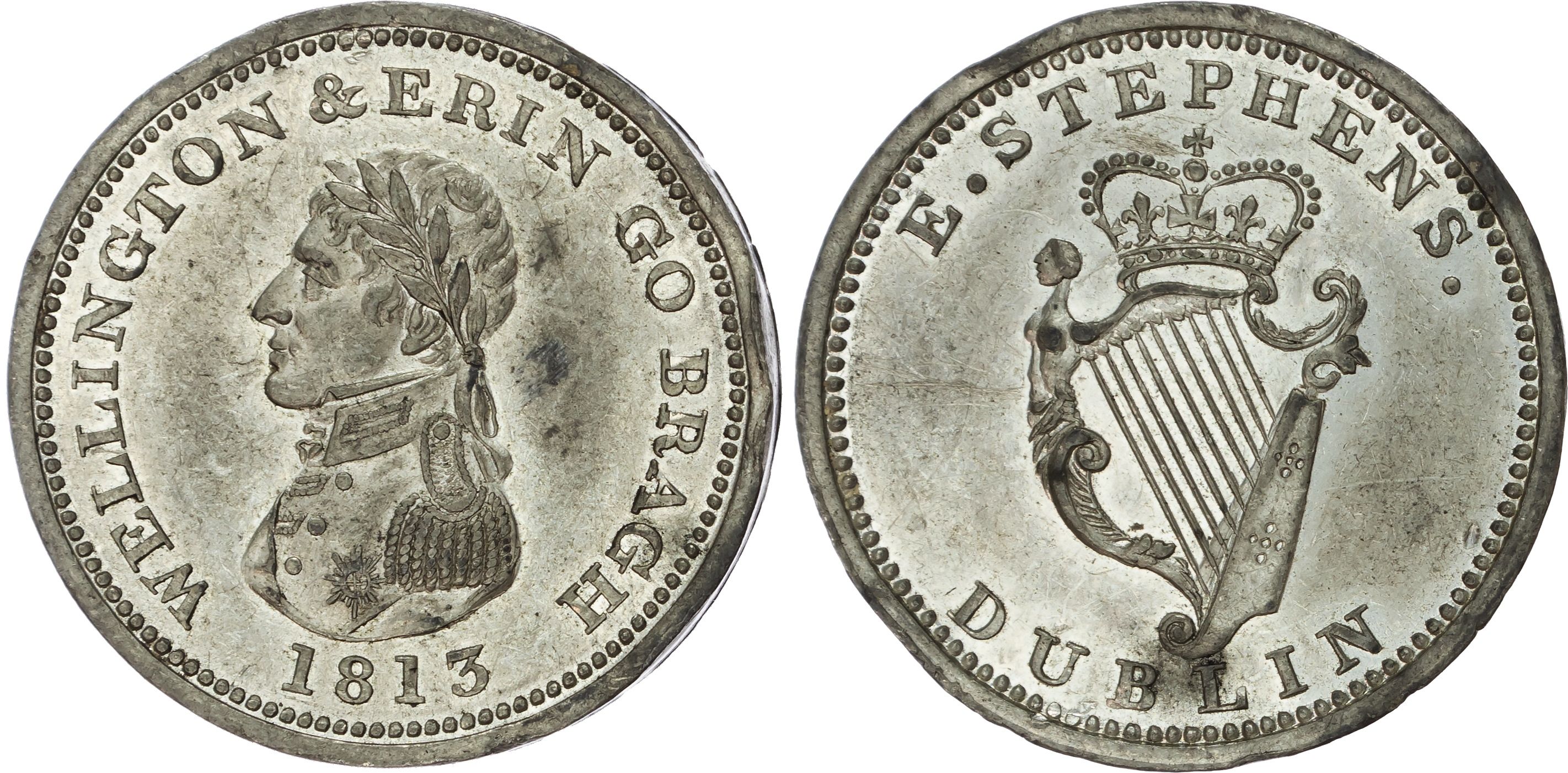 DUBLIN, Co. Dub. Edward Stevens Tin Penny 1813, Laureate and uniformed bust of Wellington left, rev. Crowned I…
