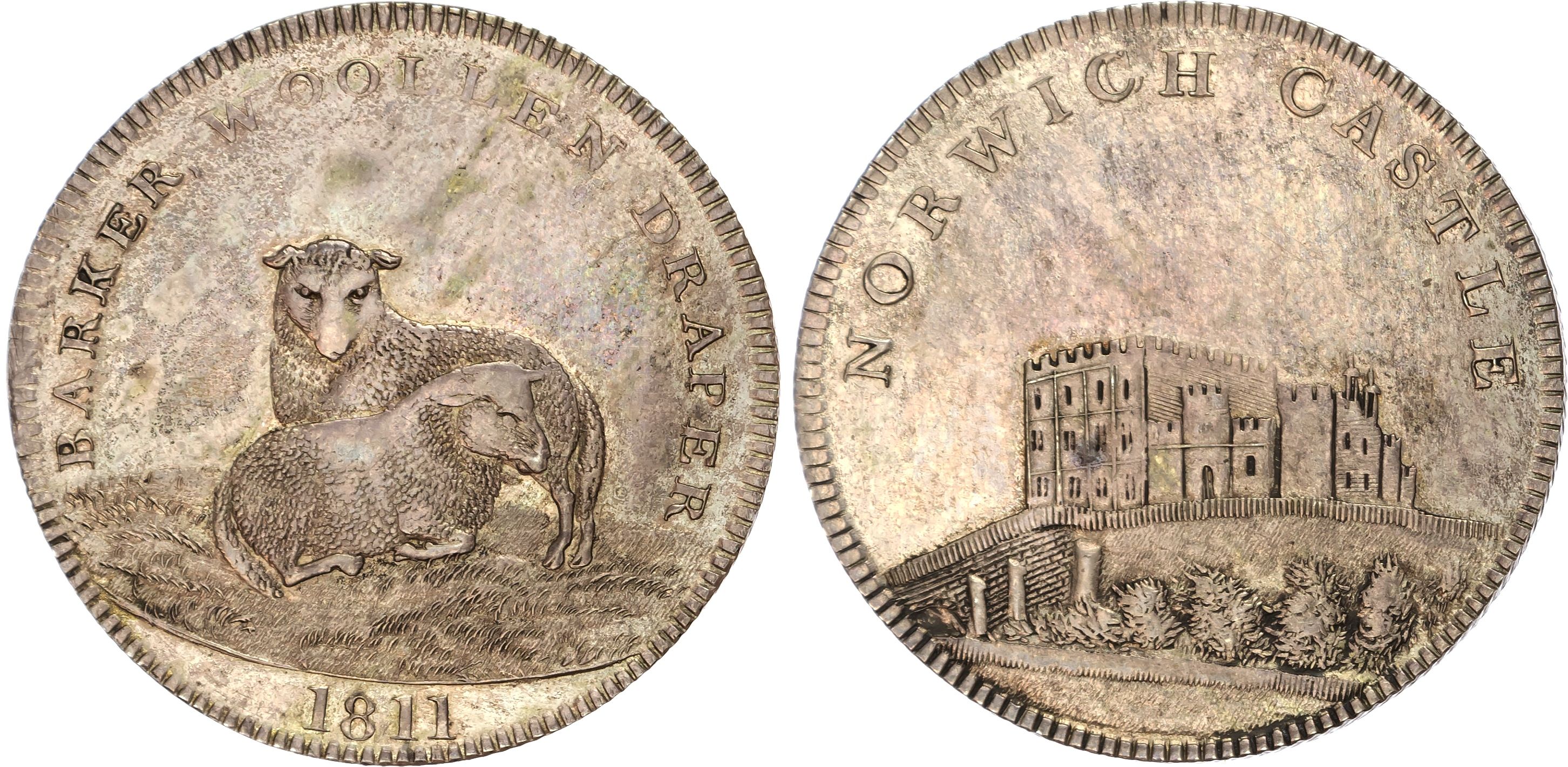 NORWICH Norf. John Barker (woollen draper & haberdasher), SILVER Penny 1811, Two sheep, rev. view of Norwich C…