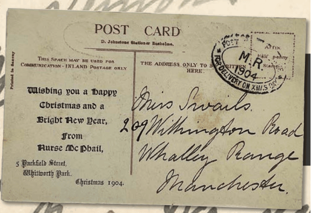 A postcard with the special Manchester postmark for 1904. The Christmas Day delivery was made despite the lack of a stamp (Reduced)