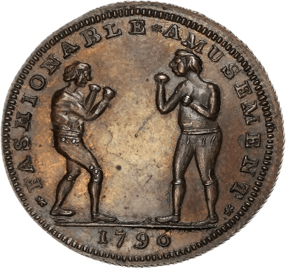 Lot 82 London , Holborn, Thomas Spence Halfpenny 1796, A screw press, rev. Two men boxing, edge `SPENCE DEALER x IN x…