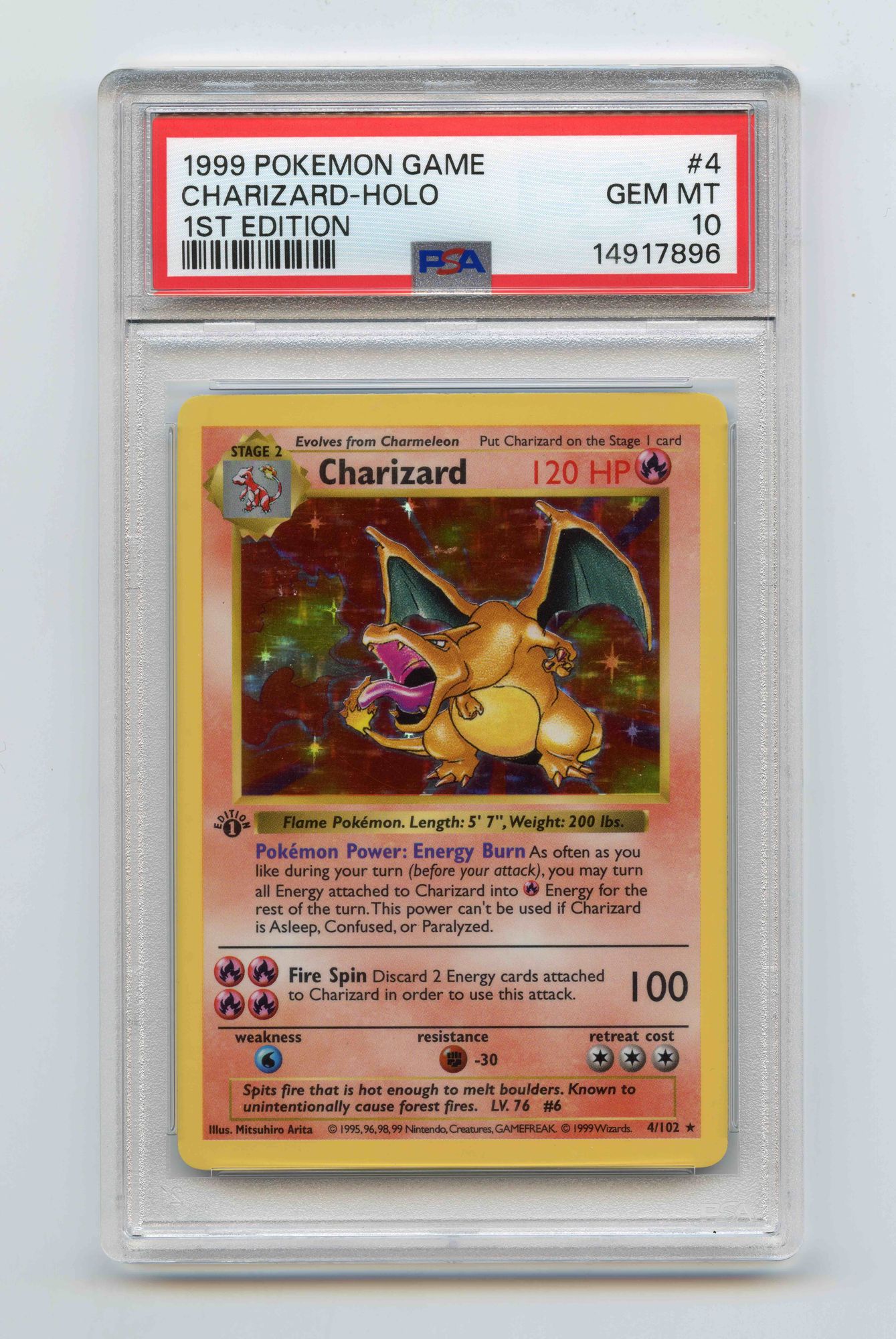 A PSA 10 first-edition holographic Charizard card, one of the defining high-end Pokémon collectables.